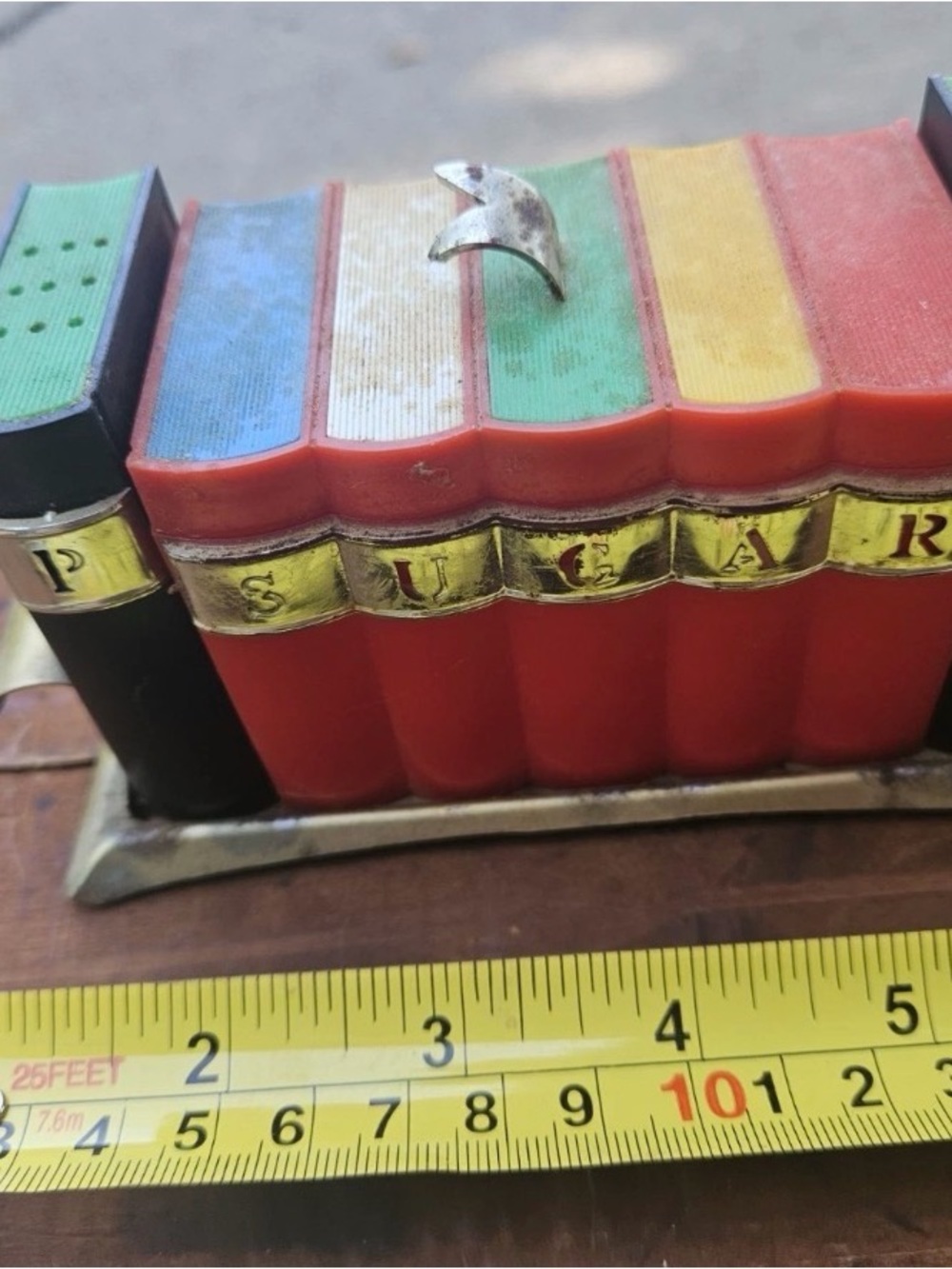 Vintage Davis Products Book Shaped Sugar Bowl Salt Pepper Set w/ Metal Holder